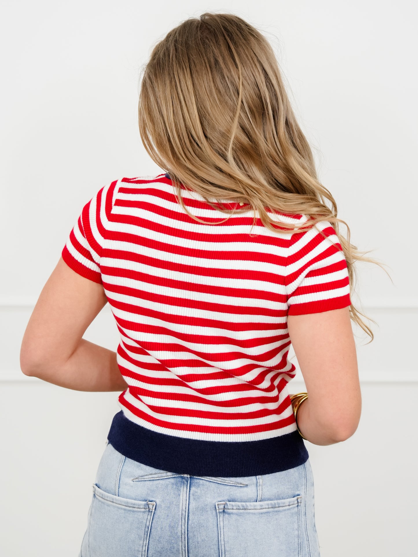 Americana Ribbed Short Sleeve Button Up Cardigan
