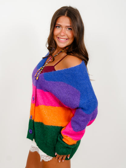 Color Block Rainbow Long Sleeve Button Down Cardigan