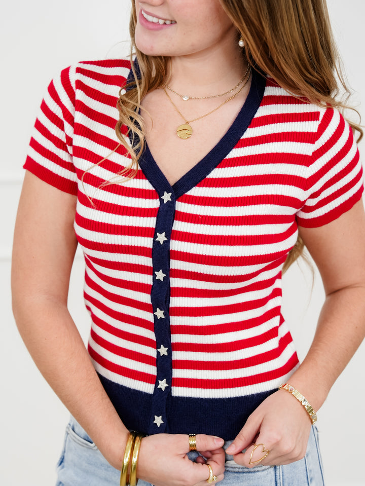 Americana Ribbed Short Sleeve Button Up Cardigan
