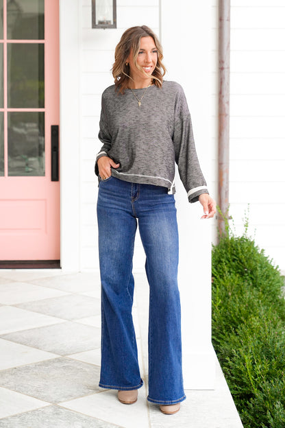 Plus/Reg Ribbed Knit Long Sleeve Pullover Top