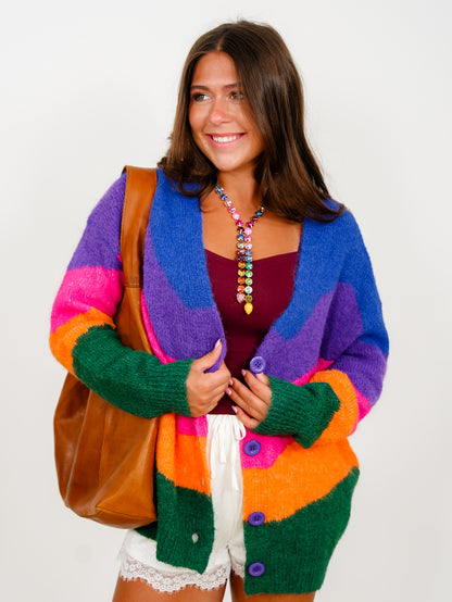 Color Block Rainbow Long Sleeve Button Down Cardigan