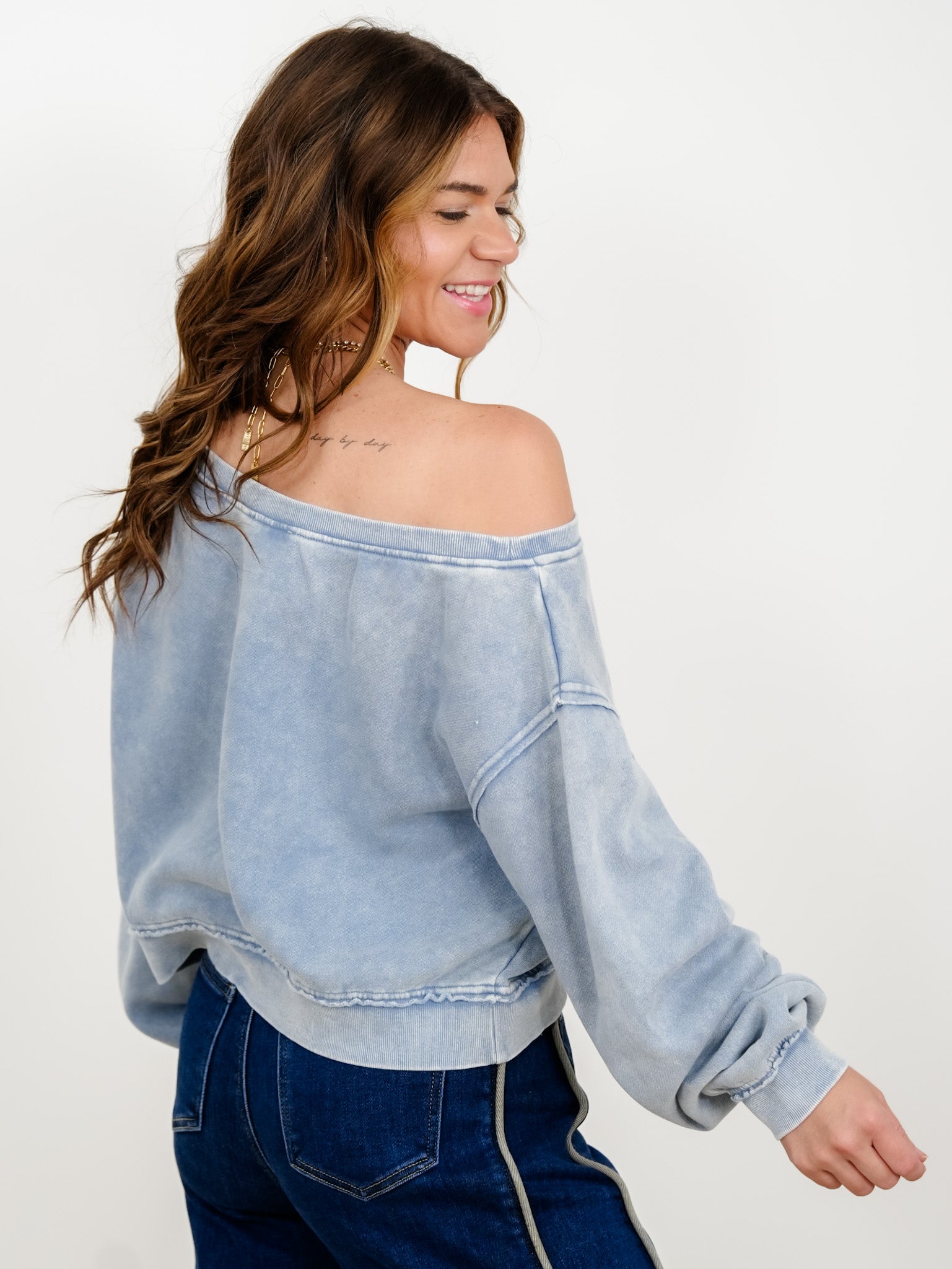 Raw Edge Acid Wash Off Shoulder Sweatshirt - Freckled Poppy