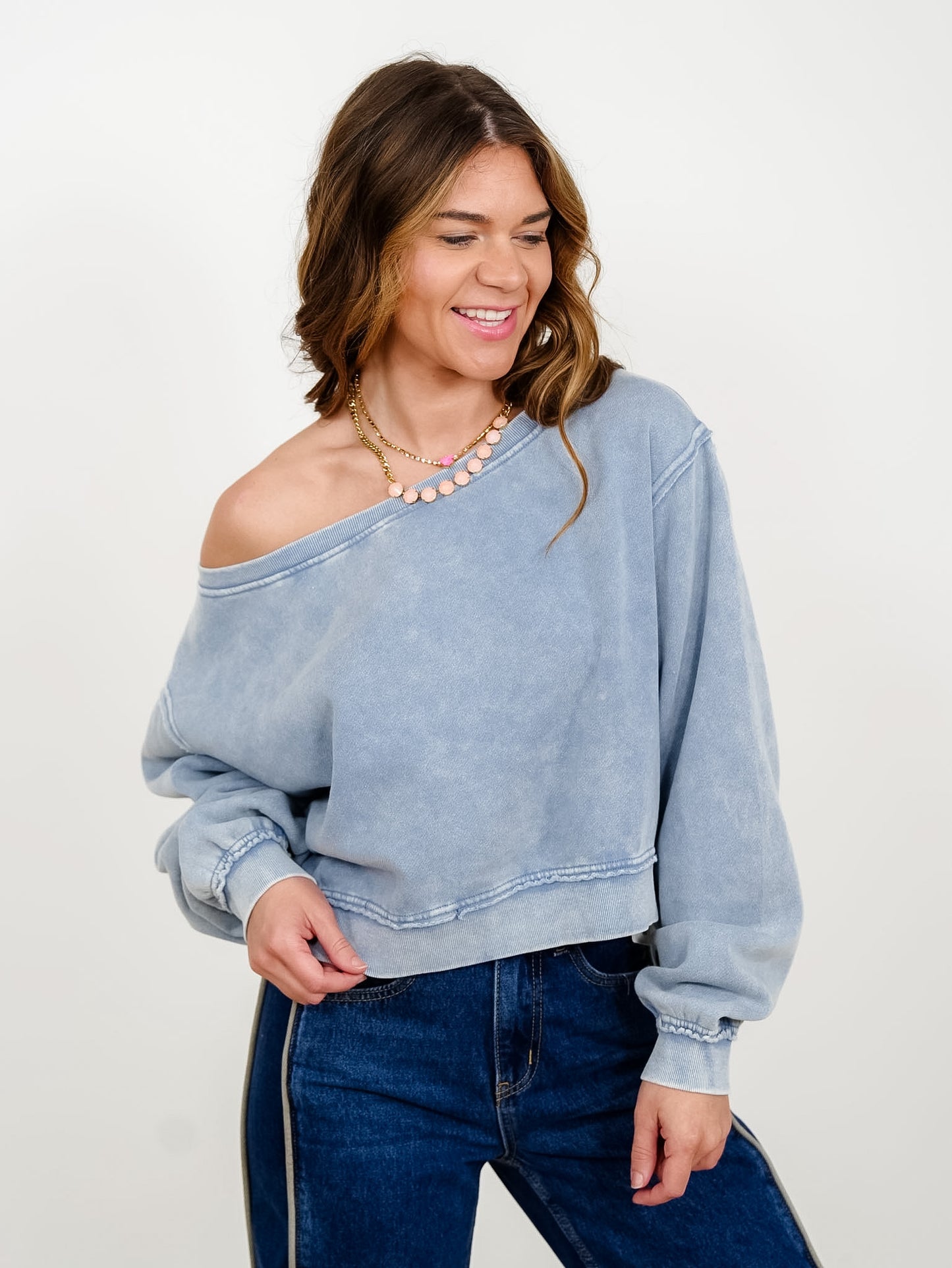 Raw Edge Acid Wash Off Shoulder Sweatshirt - Freckled Poppy