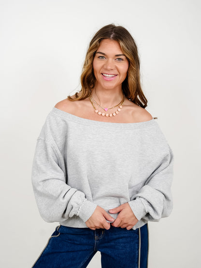 Raw Edge Acid Wash Off Shoulder Sweatshirt - Freckled Poppy
