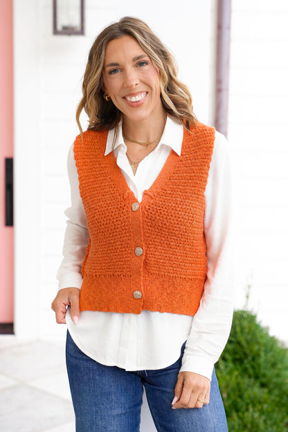 Plus/Reg Orange Textured Button Down Vest