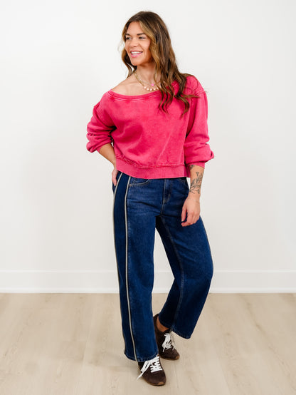 Raw Edge Acid Wash Off Shoulder Sweatshirt - Freckled Poppy