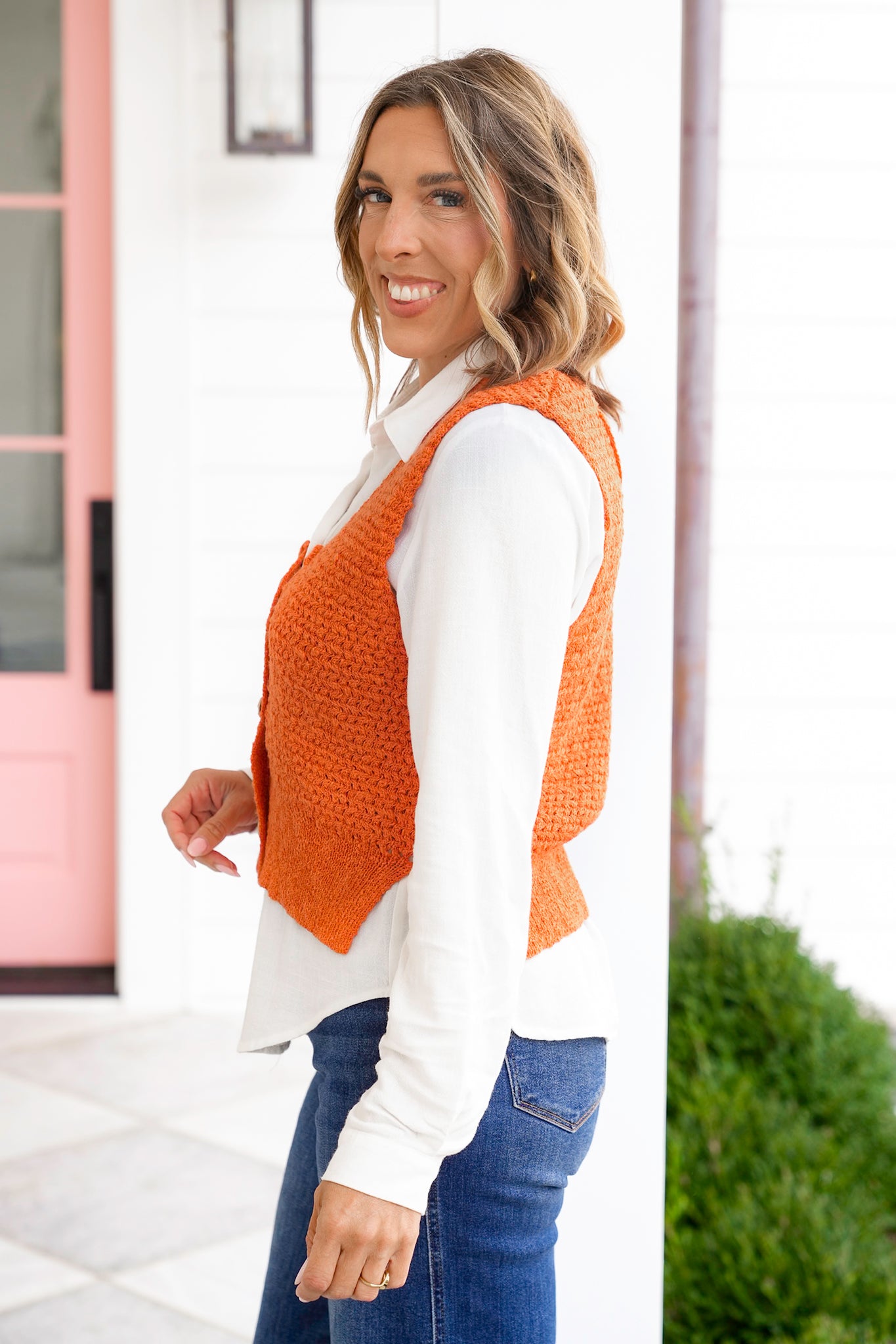 Plus/Reg Orange Textured Button Down Vest
