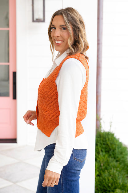 Plus/Reg Orange Textured Button Down Vest