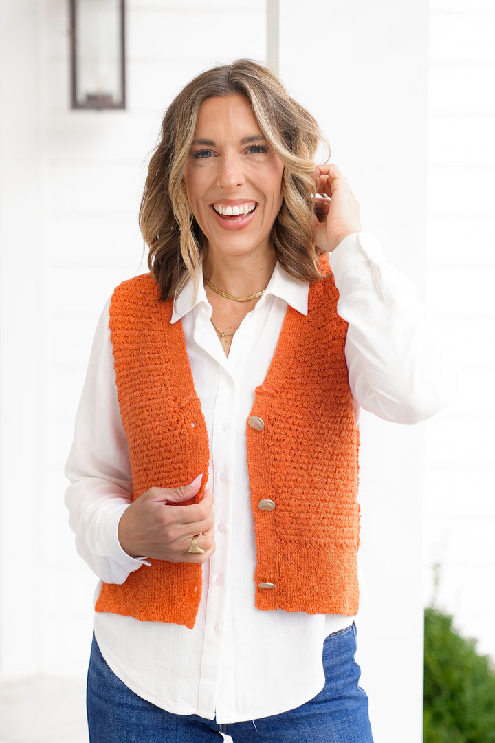 Plus/Reg Orange Textured Button Down Vest