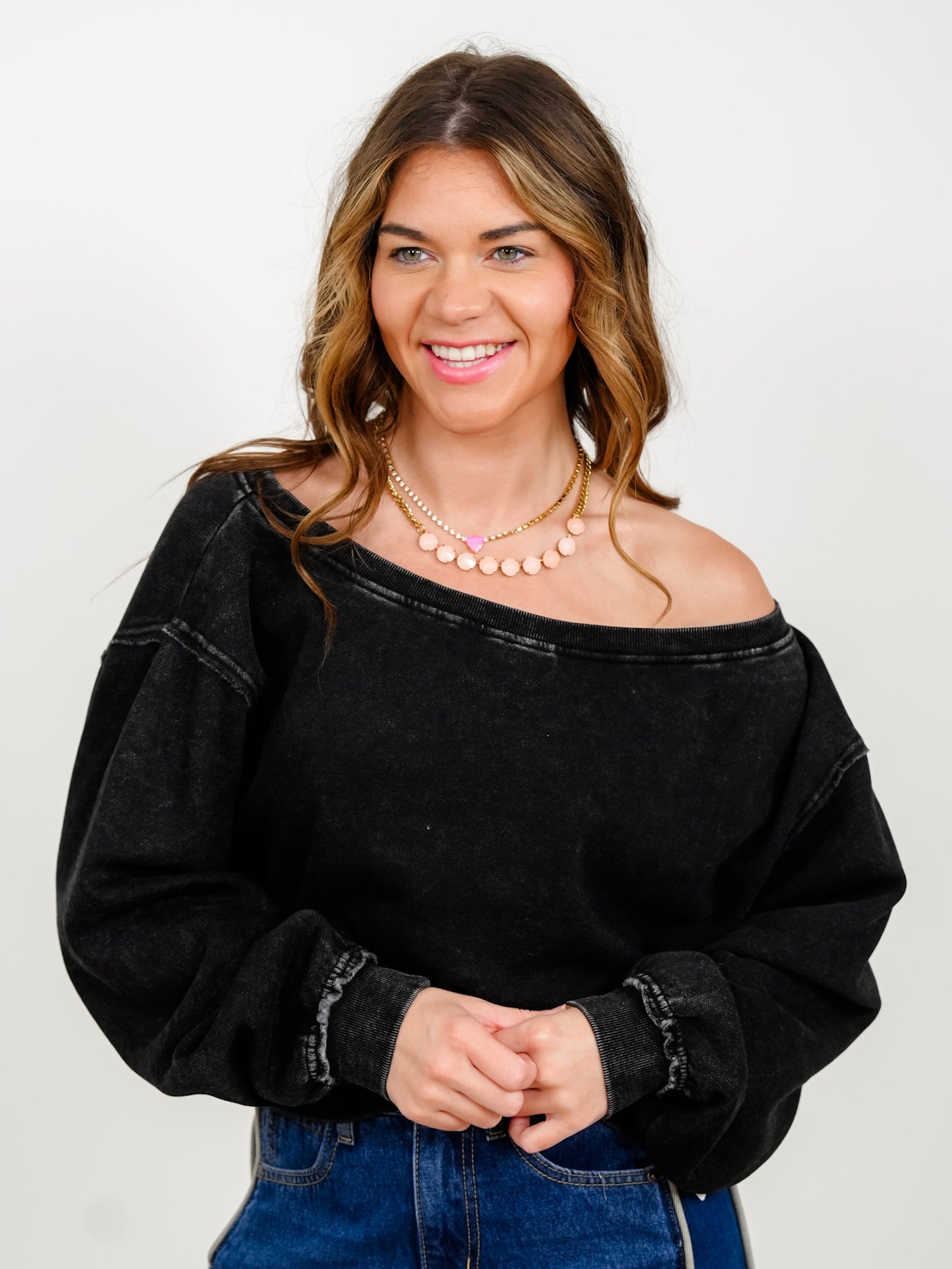 Raw Edge Acid Wash Off Shoulder Sweatshirt - Freckled Poppy