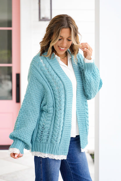POL Knit Long Sleeve Open Cardigan with Lace Trim