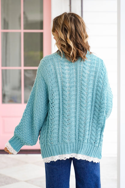 POL Knit Long Sleeve Open Cardigan with Lace Trim