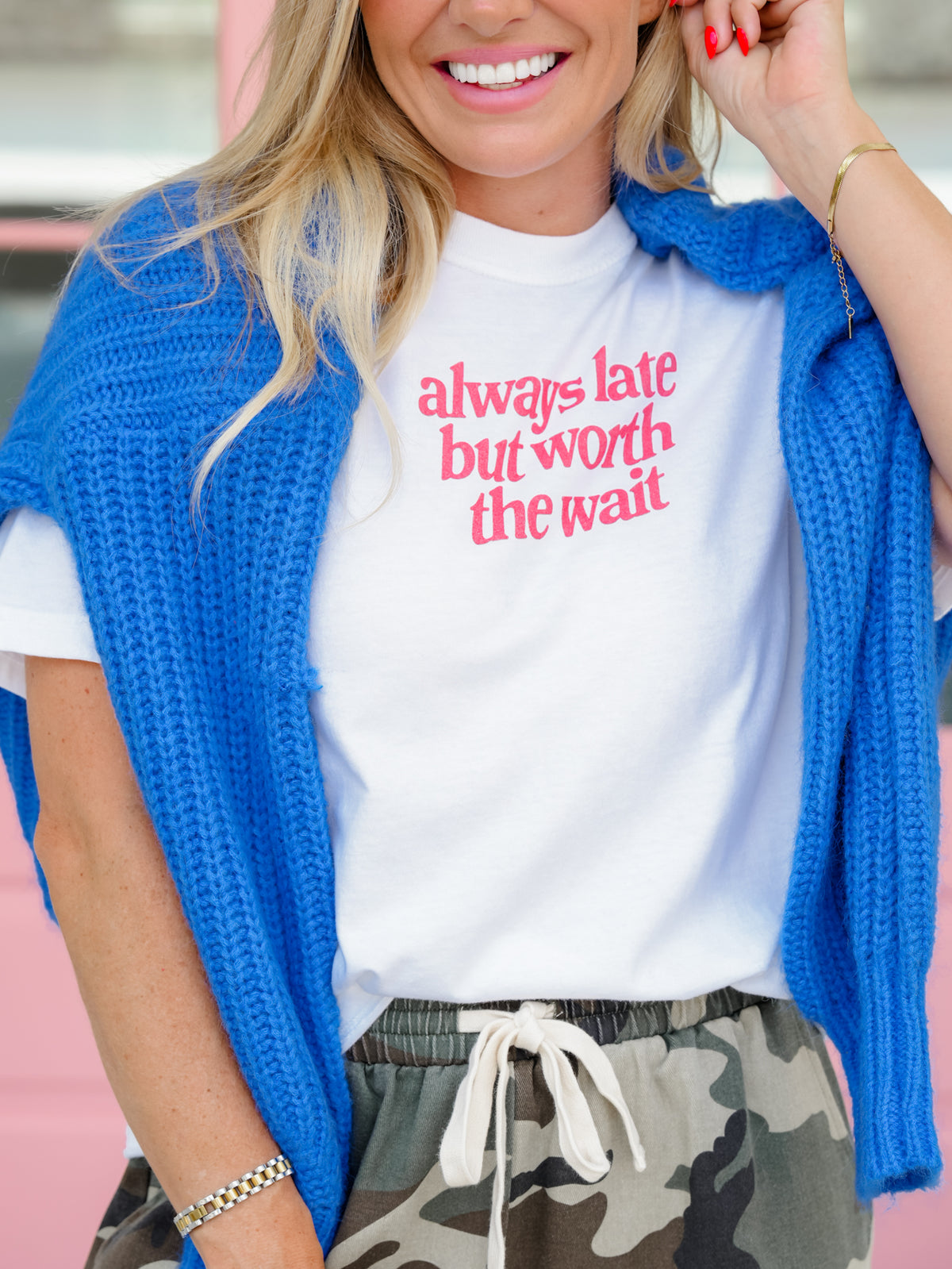 Plus/Reg Short Sleeve "Always Late But Worth It" Graphic Tee - Freckled Poppy