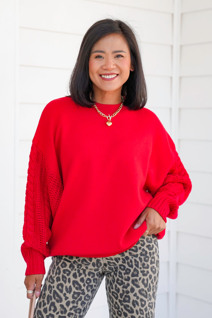 Door Buster! Zenana Cable Knit Sleeve Round Neck Sweater