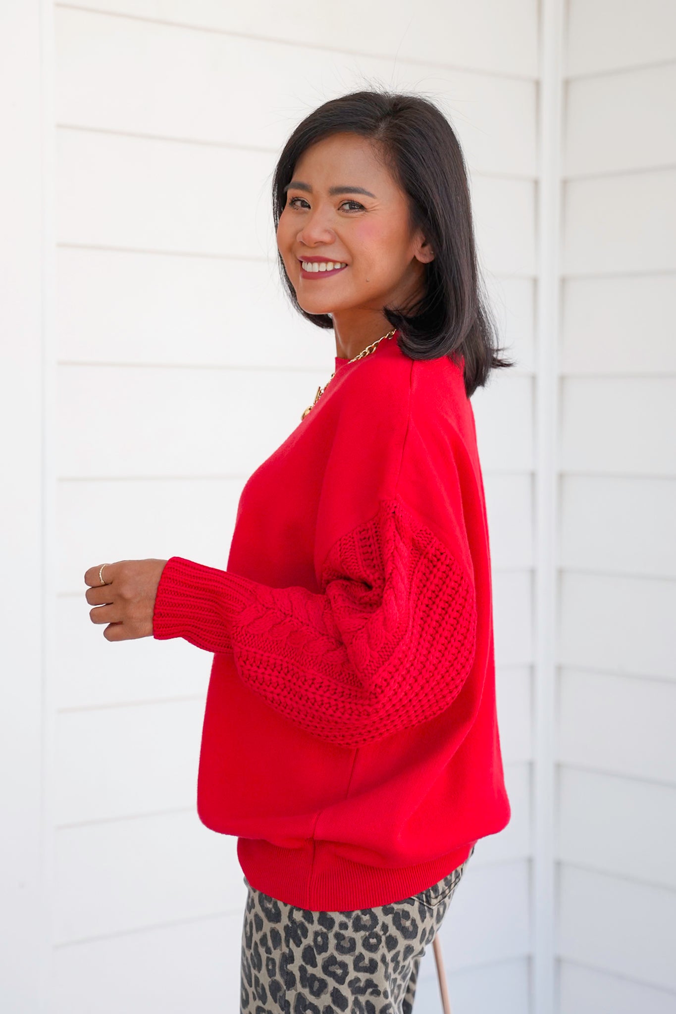 Door Buster! Zenana Cable Knit Sleeve Round Neck Sweater