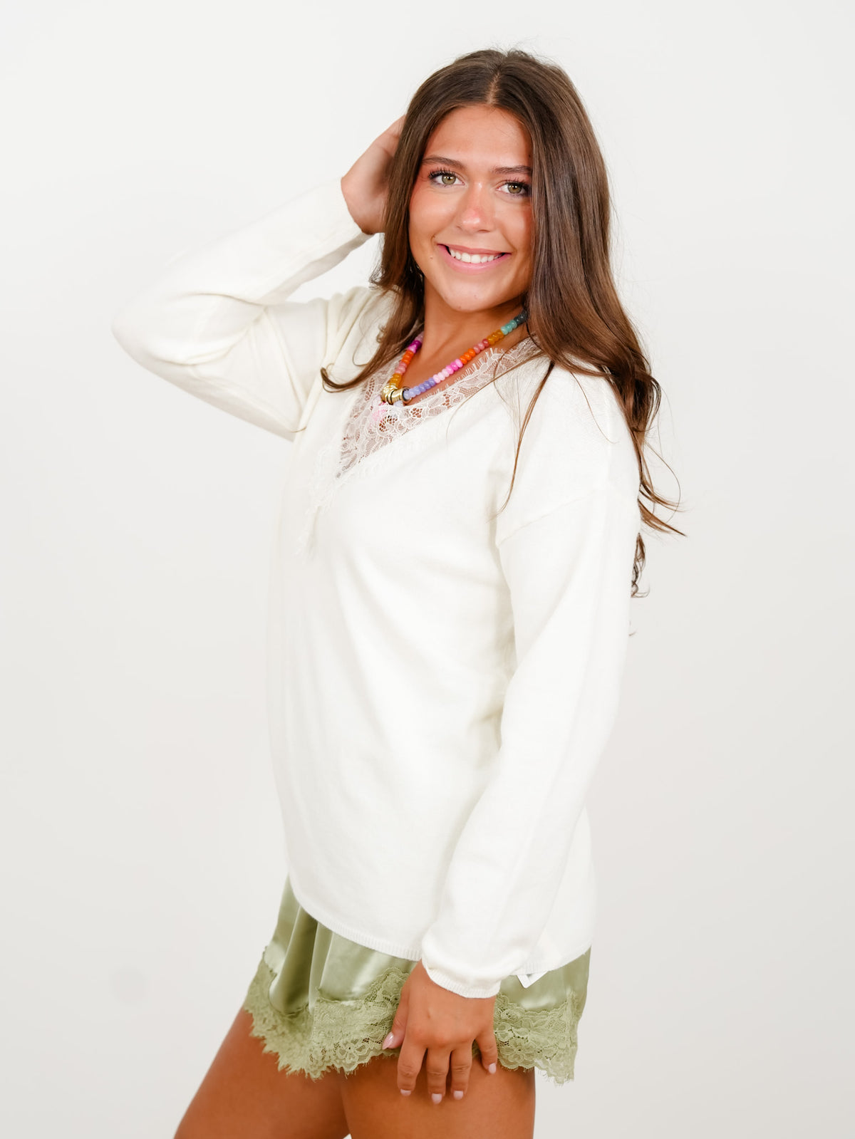 Lace Trim V-Neck Long Sleeve Lightweight Sweater Top