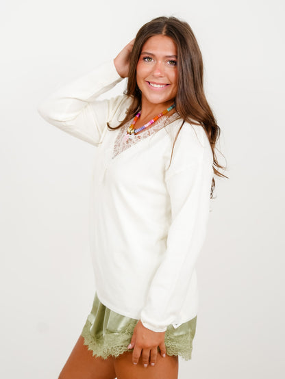Lace Trim V-Neck Long Sleeve Lightweight Sweater Top
