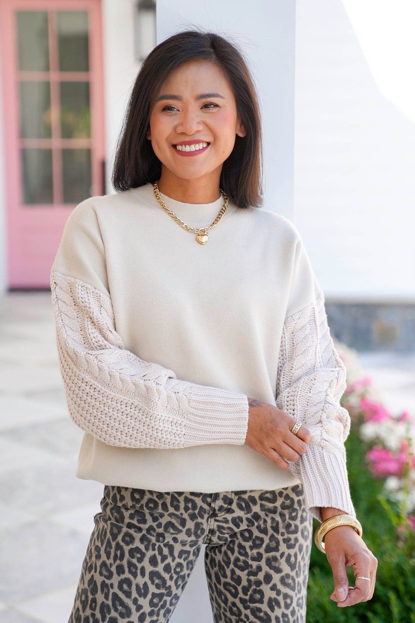 Door Buster! Zenana Cable Knit Sleeve Round Neck Sweater