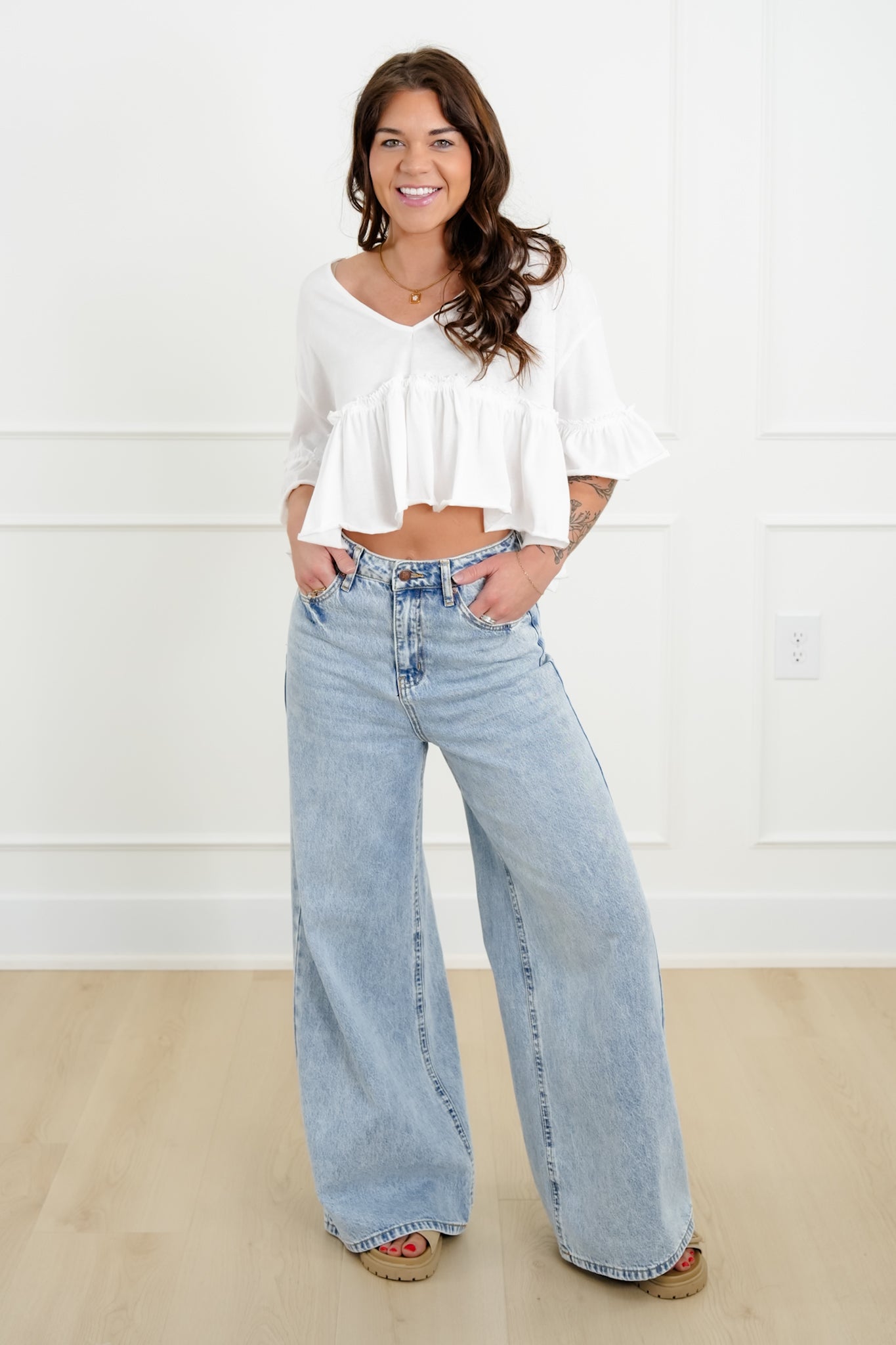 Short Sleeve V Neck Ruffle Crop Top