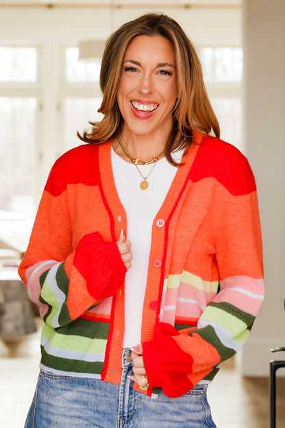 Stripe Long Balloon Sleeve Button Down Cardigan