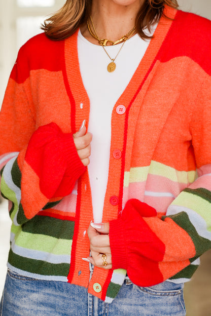 Stripe Long Balloon Sleeve Button Down Cardigan