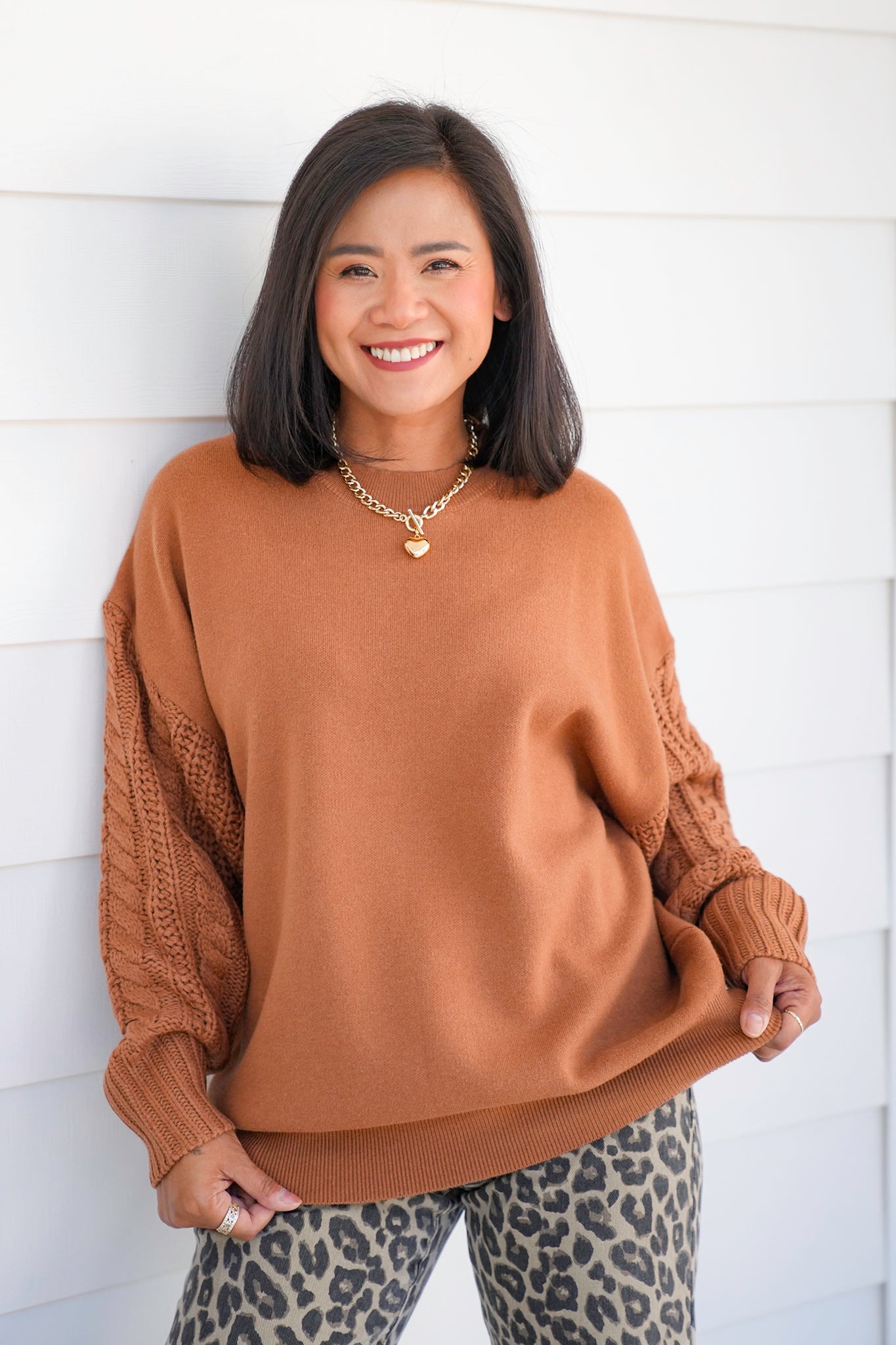 Door Buster! Zenana Cable Knit Sleeve Round Neck Sweater