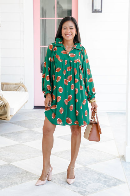 Plus/Reg Football Print Long Sleeve V Neck Midi Dress