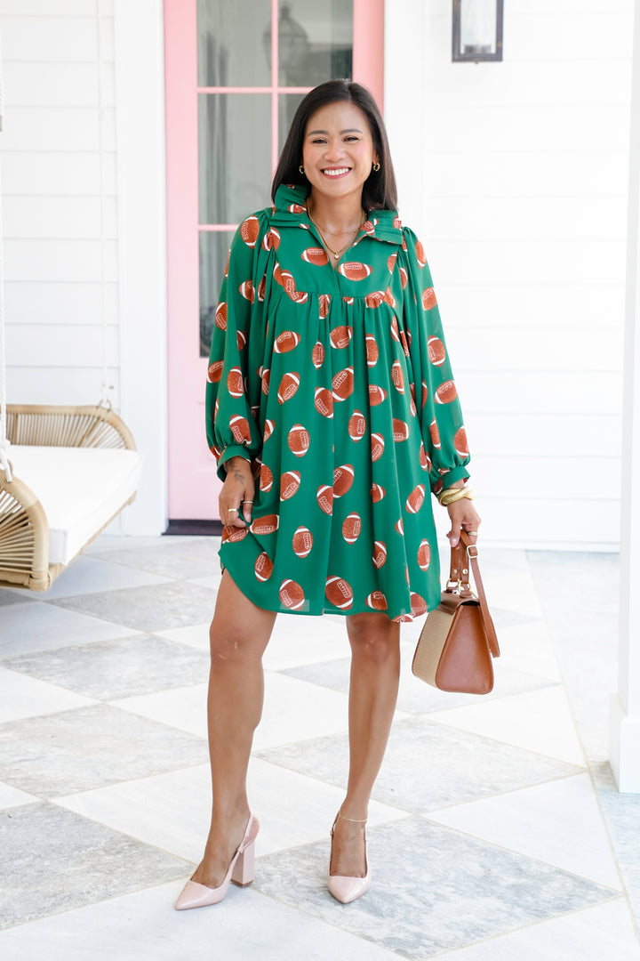Plus/Reg Football Print Long Sleeve V Neck Midi Dress