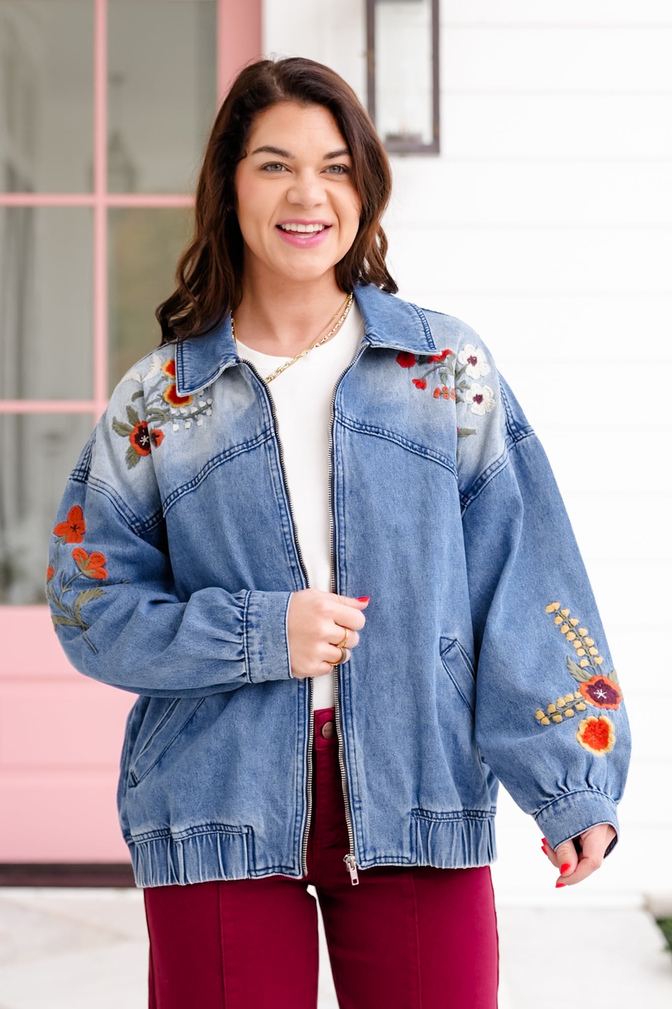 Floral Embroidered Long Sleeve Zip-Up Jacket