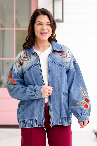 Floral Embroidered Long Sleeve Zip-Up Jacket