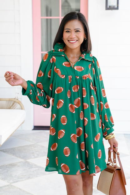 Plus/Reg Football Print Long Sleeve V Neck Midi Dress