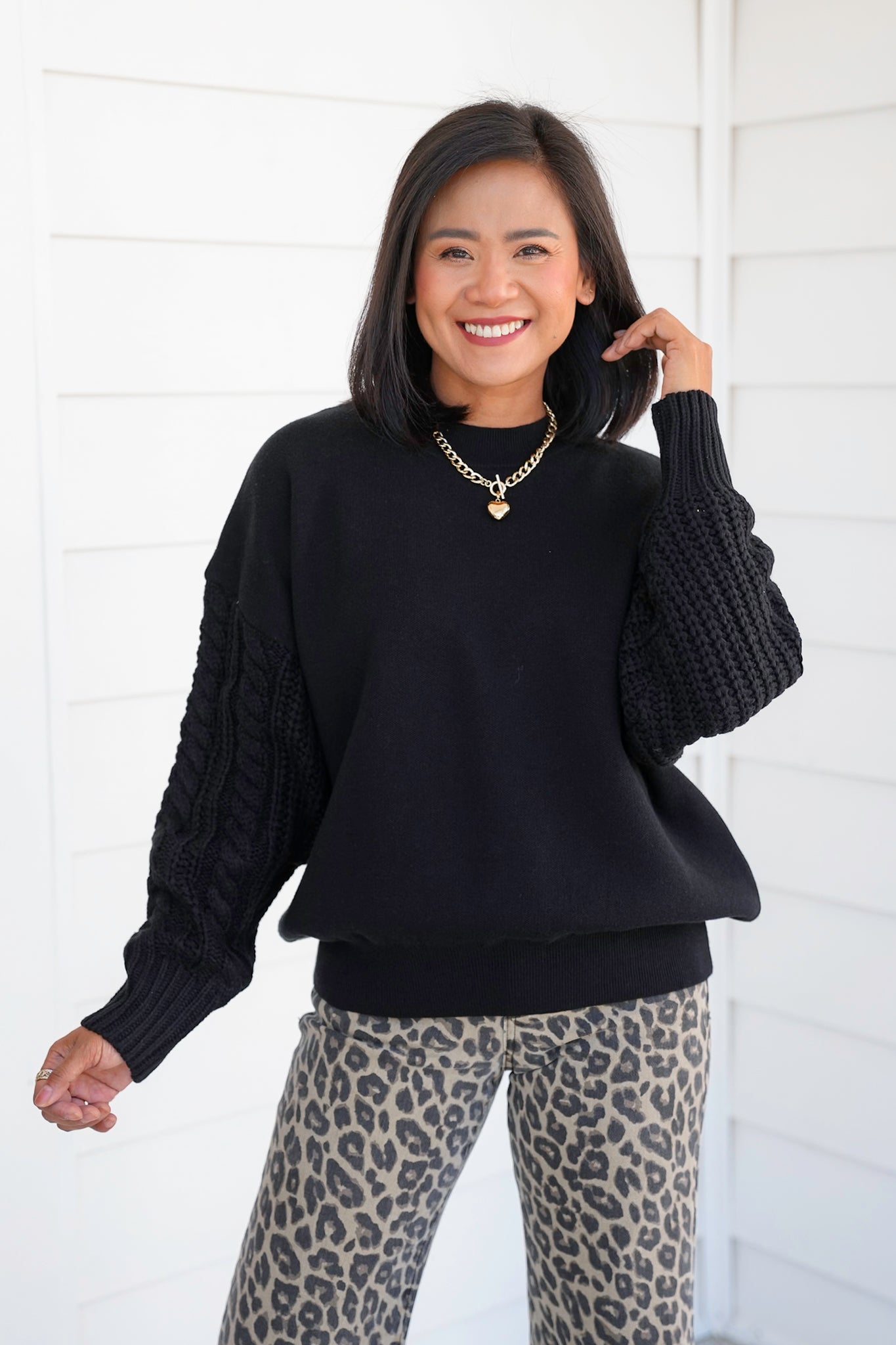 Door Buster! Zenana Cable Knit Sleeve Round Neck Sweater