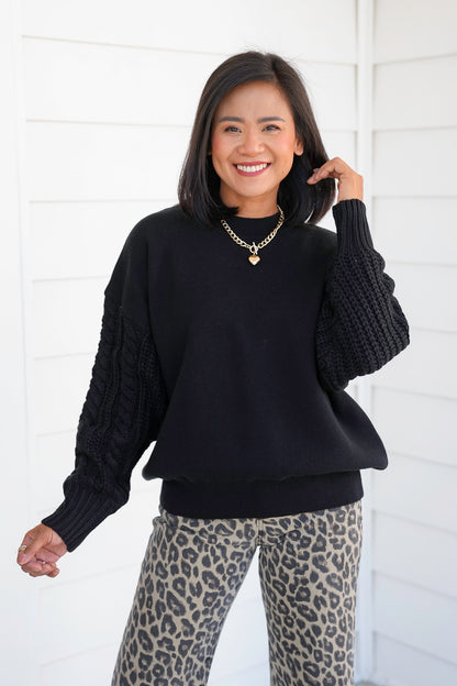 Door Buster! Zenana Cable Knit Sleeve Round Neck Sweater