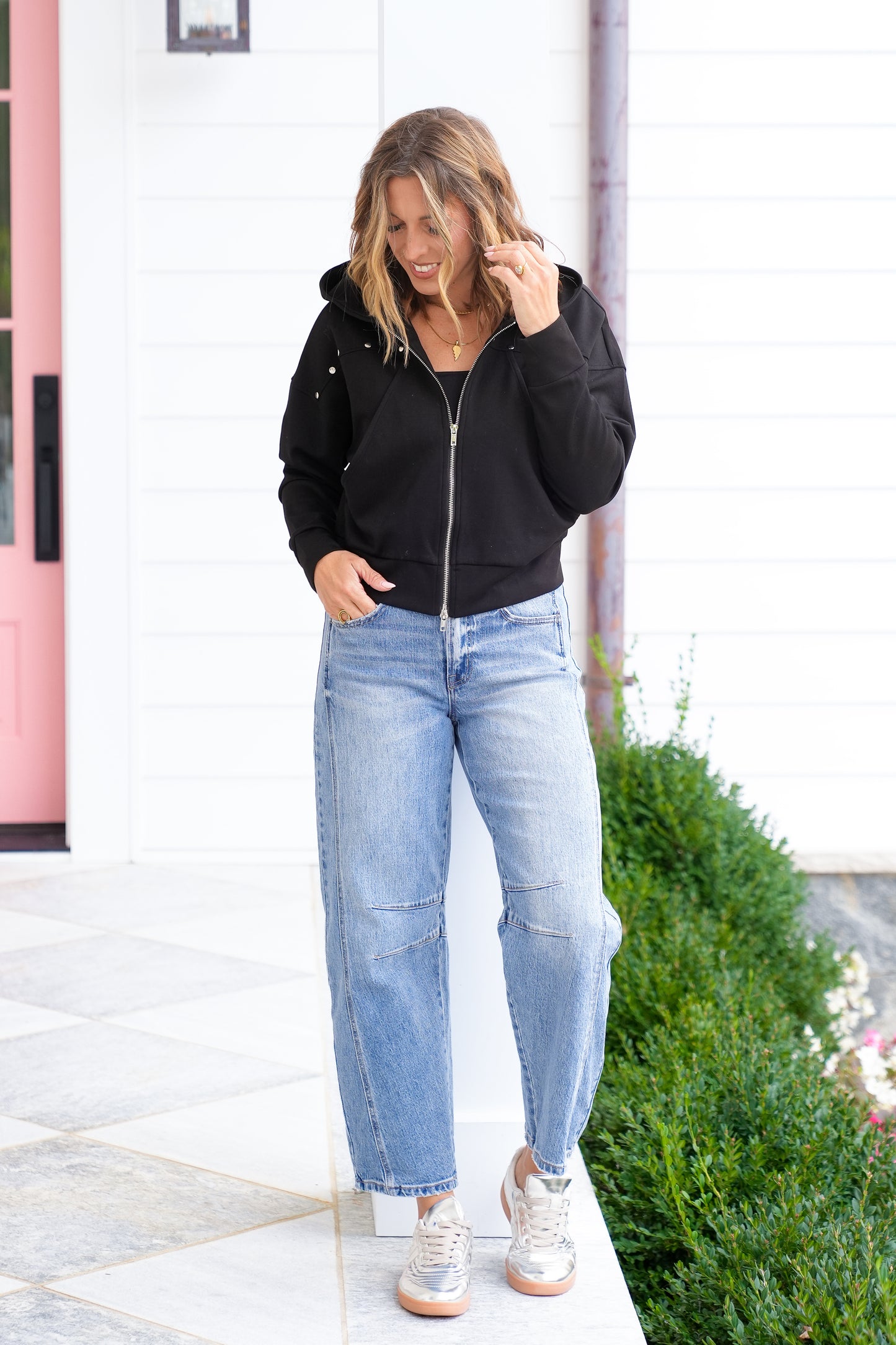 Plus/Reg Studded Long Sleeve Zip-Up Hooded Jacket