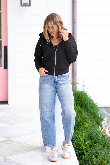 Plus/Reg Studded Long Sleeve Zip-Up Hooded Jacket