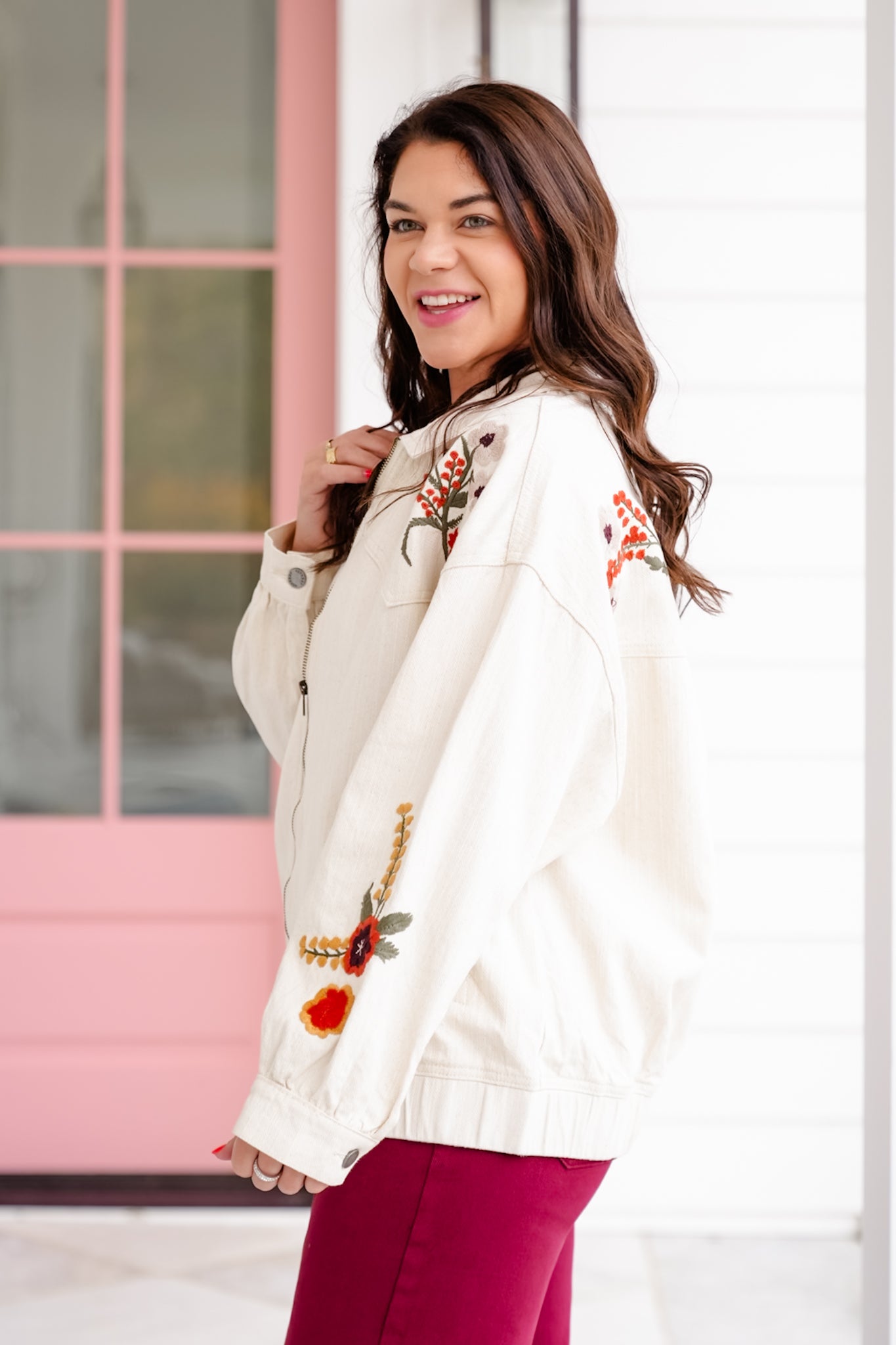 Embroidered Long Sleeve Zip Up Jacket