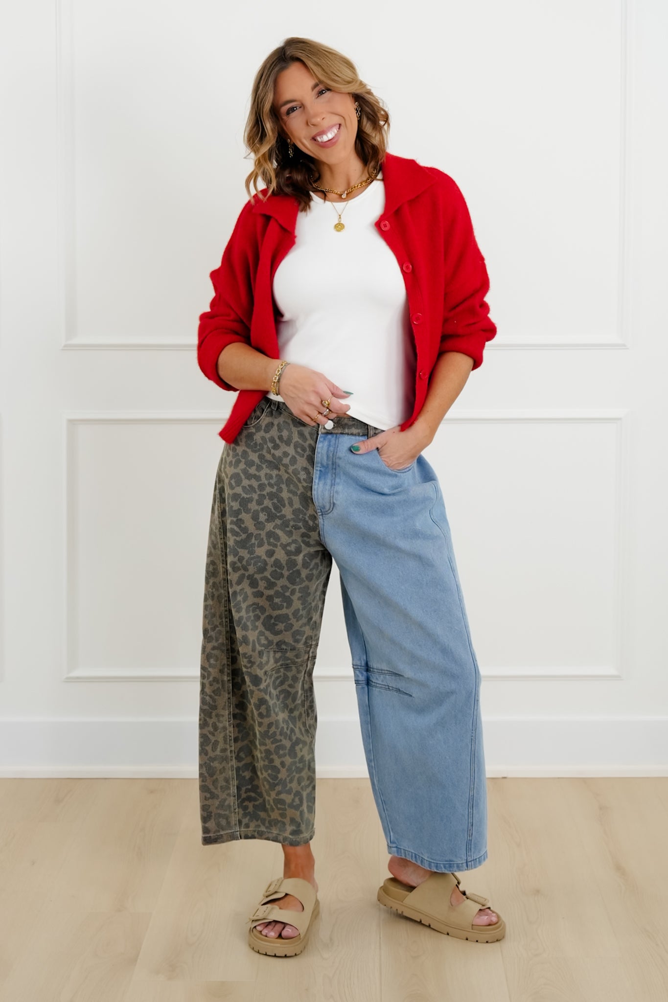 Plus/Reg Denim Leopard Print High Rise Wide Leg Pants