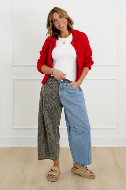 Plus/Reg Denim Leopard Print High Rise Wide Leg Pants
