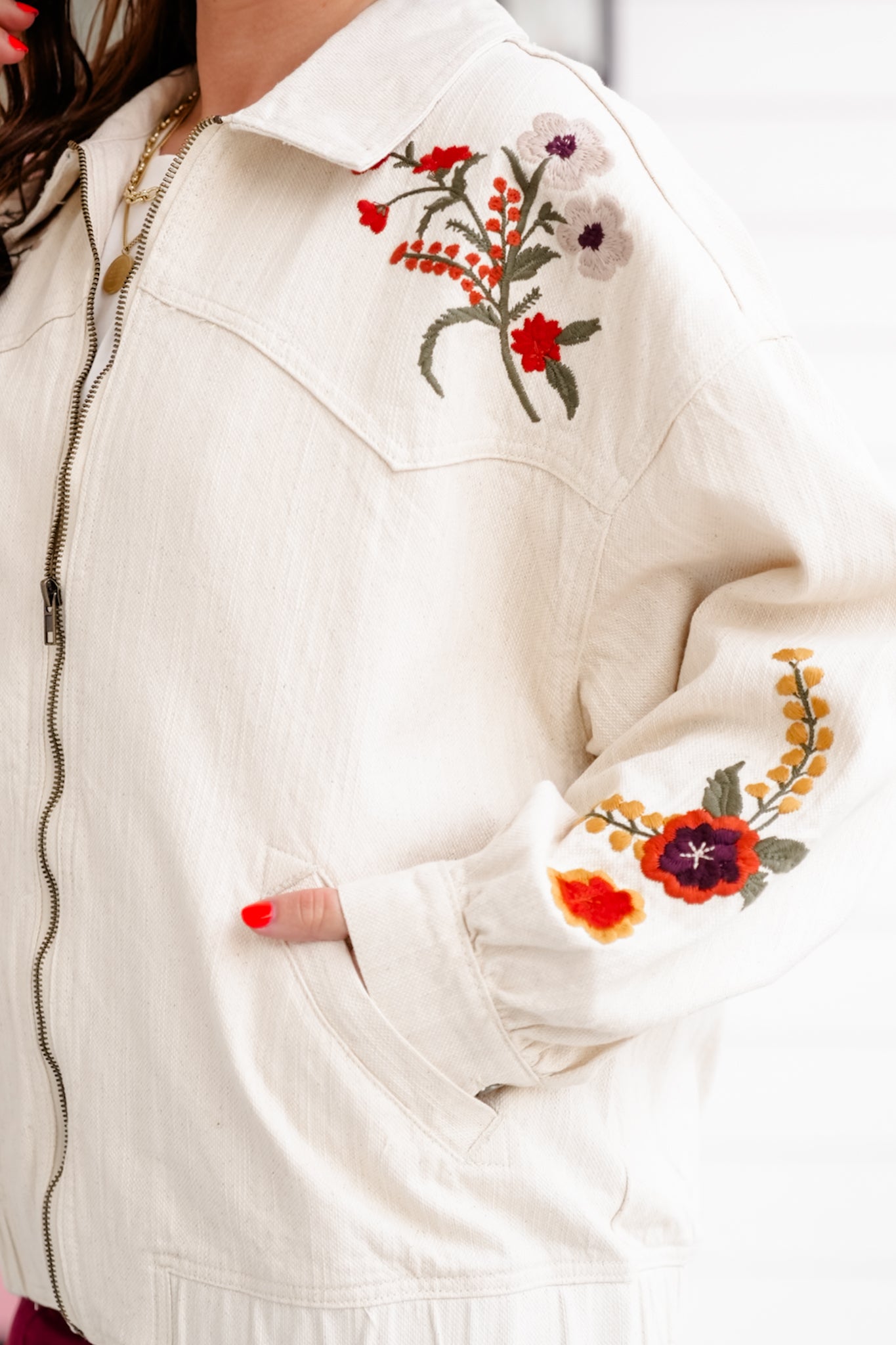Embroidered Long Sleeve Zip Up Jacket