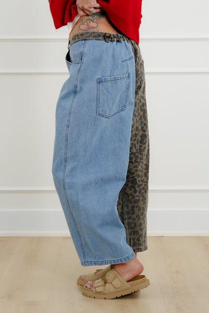 Plus/Reg Denim Leopard Print High Rise Wide Leg Pants