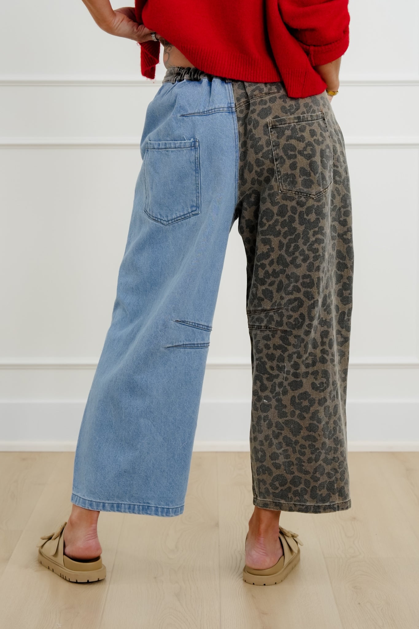Plus/Reg Denim Leopard Print High Rise Wide Leg Pants