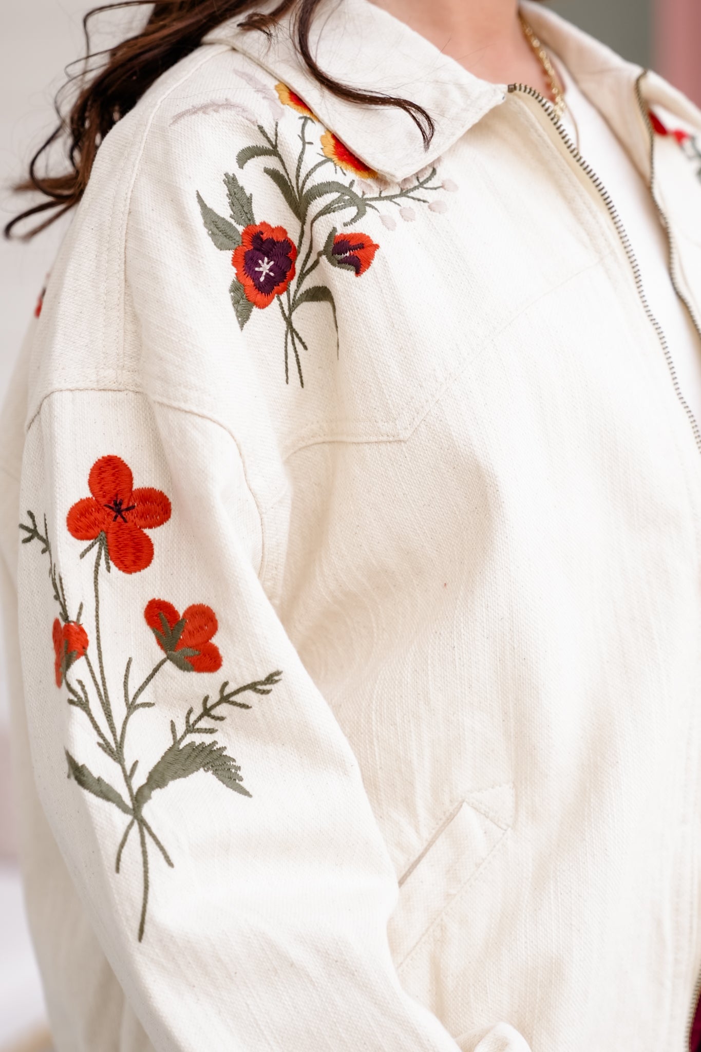 Embroidered Long Sleeve Zip Up Jacket