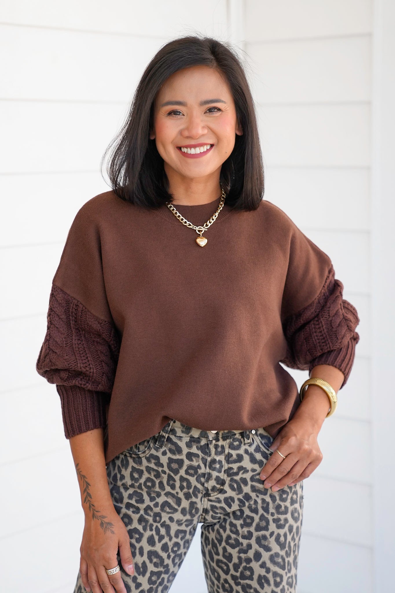 Door Buster! Zenana Cable Knit Sleeve Round Neck Sweater