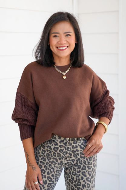 Door Buster! Zenana Cable Knit Sleeve Round Neck Sweater