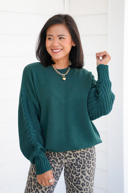 Door Buster! Zenana Cable Knit Sleeve Round Neck Sweater
