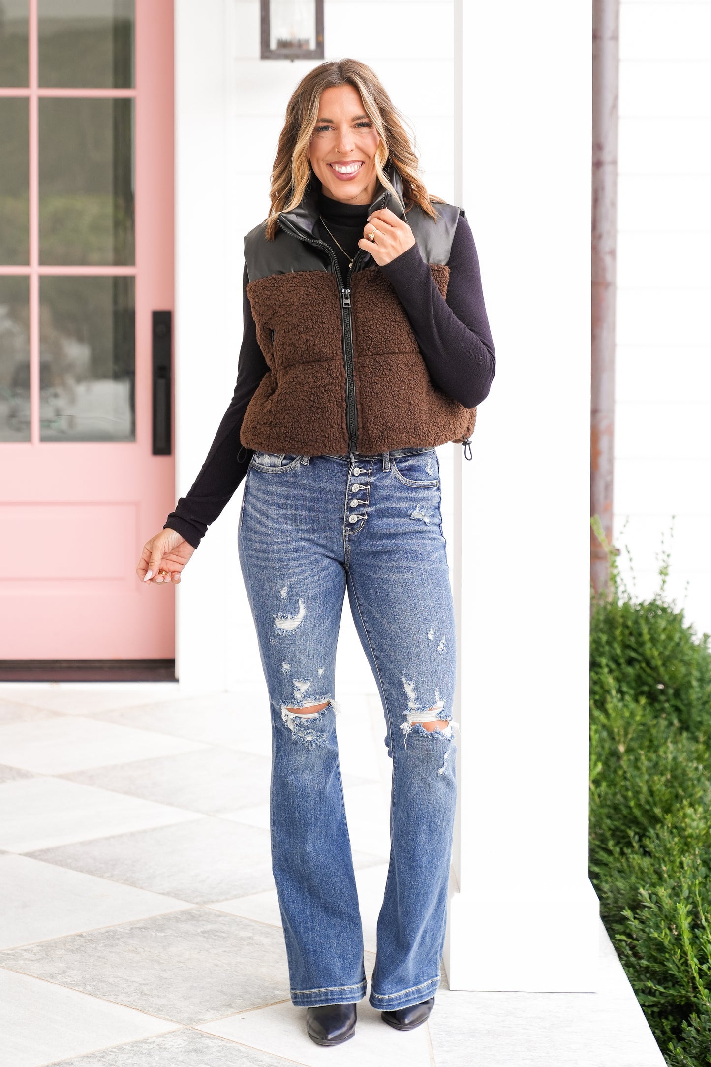 Vegan Leather and Sherpa Zip Up Puffer Vest