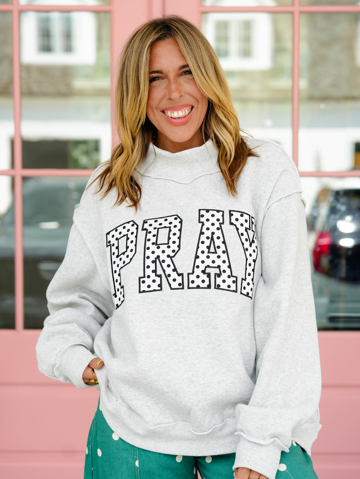 Long Sleeve Embroidered Polka Dot PRAY Mock Neck Sweatshirt