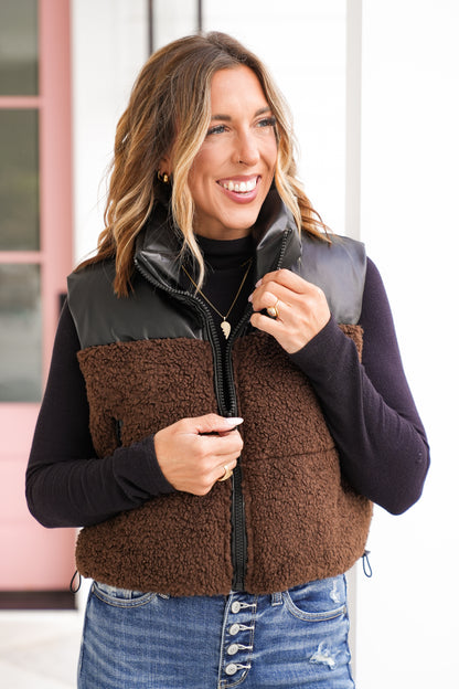 Vegan Leather and Sherpa Zip Up Puffer Vest