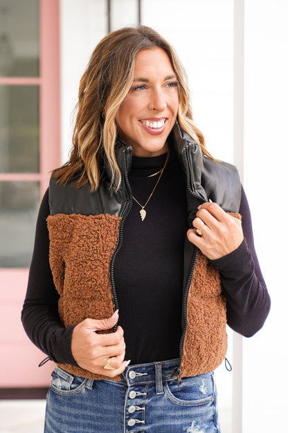 Vegan Leather and Sherpa Zip Up Puffer Vest