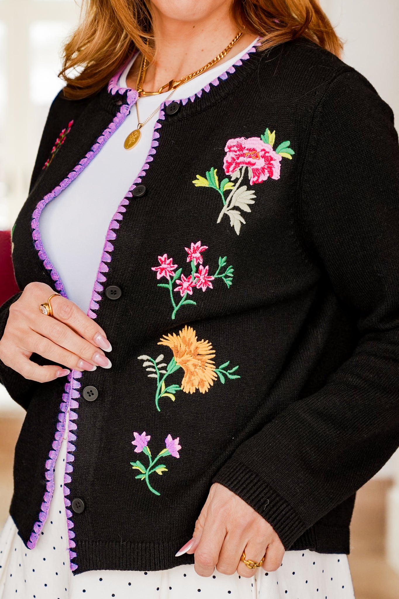 Long Sleeve Button Down Cardigan with Floral Embroidery